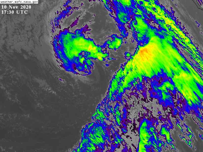 Storm Theta at 18:30, 10.11.2020. as seen by the GOES-East satellite, the wavelength is 10.35 µm, channel 13, and the spatial pixel resolution is 2km. Courtesy of NASA / NOOA.