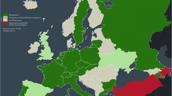 Map of countries in Europe, Russia and Turkey and their status of Armenian Genocide recognition.