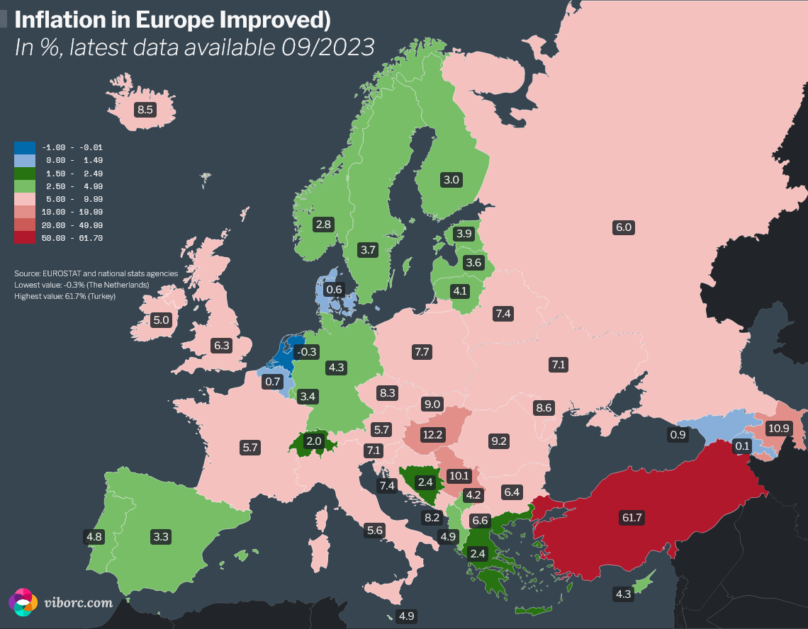 Map of Europe illustrating inflation rates in September 2023, with countries color-coded based on their respective percentages. Turkey has the highest rate, and the Netherlands reports a slight deflation.